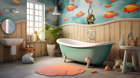 3d render of a children's bathroom with a bathtub and a decorative fishの素材