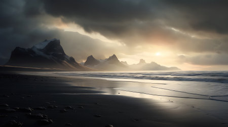 Fantastic winter landscape with snow-capped mountain peaks. Iceland, Europe. Beauty world.の素材