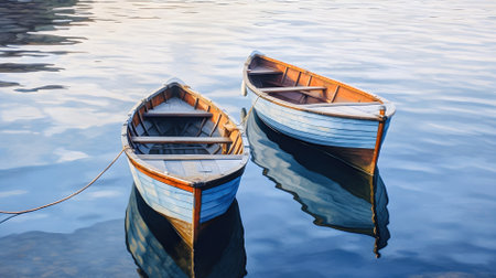 Two wooden boats on the lake. The reflection in the water.の素材