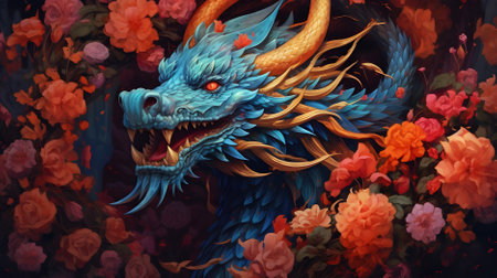 Dragon with flowers, digital painting. Colorful fantasy illustration for your designの素材