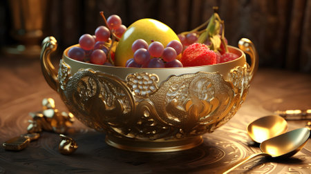 golden bowl full of gold, grapes and grapes on dark blue background Generative AI, AI Generatedの素材