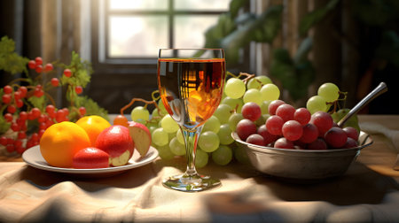 Still life with glass of wine and fruits on a wooden table.の素材