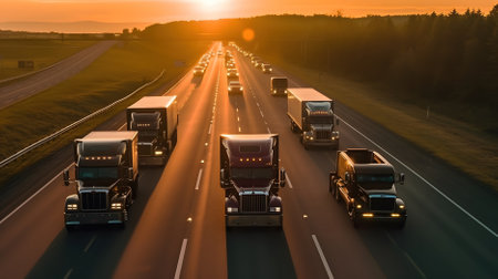 aerial view of highway with trucks in the mountains Generative AI, AI Generatedの素材