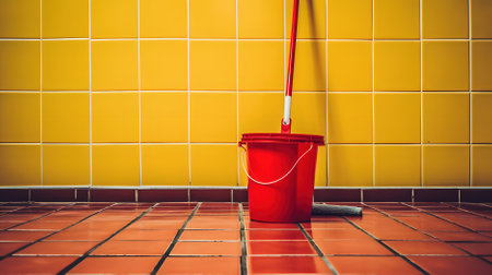 red bucket with yellow toilet cleaner Generative AI, AI Generatedの素材