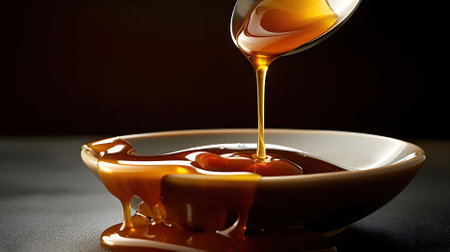honey pouring from a spoon on a dark background Generative AI, AI Generatedの素材