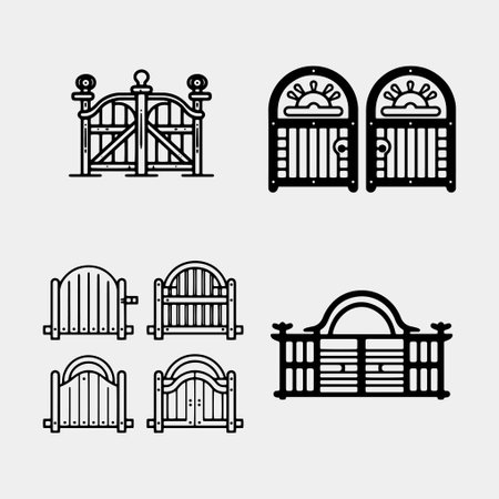 set line classic gate gate with wooden fence icon isolated on black and white background. fence gate. vector illustration.のイラスト素材
