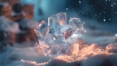 Ice cubes on snow background. 3d illustration. Winter concept.の素材