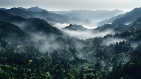 beautiful mountain landscape with forest and fog Generative AI, AI Generatedの素材