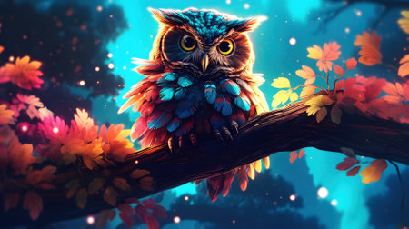 illustration of owl sitting on branch in the autumn forest Generative AI, AI Generatedの素材