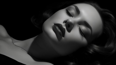 young beautiful woman lying on a black and white background Generative AI, AI Generatedの素材