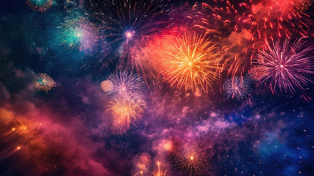 Colorful fireworks of various colors over night sky background, abstract holiday backgroundの素材