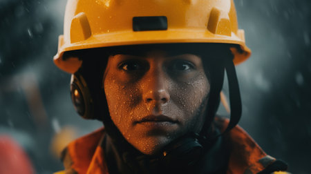 portrait of a firefighter in a protective helmet Generative AI, AI Generatedの素材