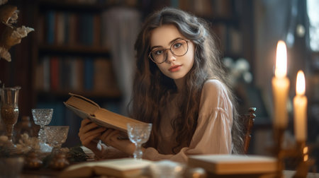 young girl reading a book in the library Created with AIの素材