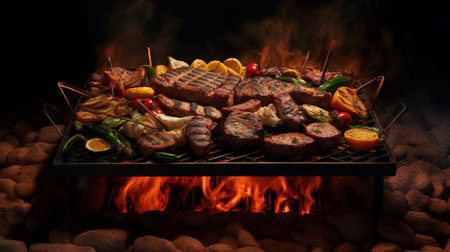 grilled meat with vegetables and spices on the barbecue grill Created with AIの素材