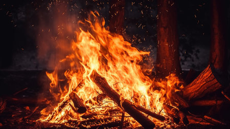 burning wood in the forest Created with AIの素材