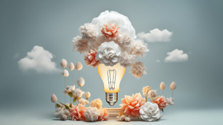 light bulb inside of a white vase with a flowers inside a light bulb on a white background Created with AIの素材