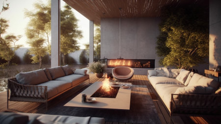 3 d rendering of modern cozy living room with a sofa and plants in the evening or living room with beautiful landscaping on the background. night time Generative AI, AI Generatedの素材