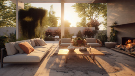 3 d rendering of modern cozy living room with a sofa and plants in the evening or living room with beautiful landscaping on the background. night time Generative AI, AI Generatedの素材