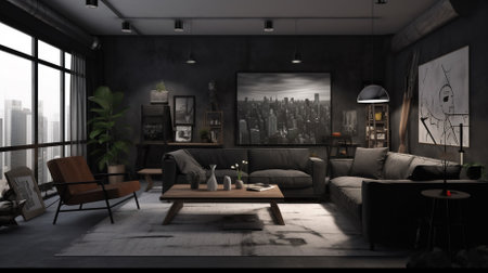 modern interior design with a black sofa Generative AI, AI Generatedの素材