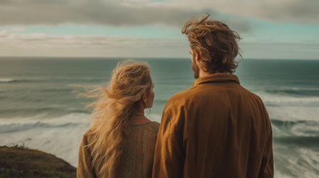 couple sitting on a beach Generative AI, AI Generatedの素材