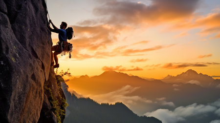 man with a backpack on the background of the mountains Generative AI, AI Generatedの素材
