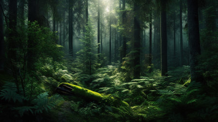 tropical rainforest with green trees and mountains Generative AI, AI Generatedの素材