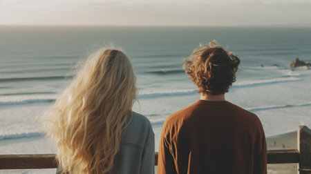 couple sitting on a beach Generative AI, AI Generatedの素材