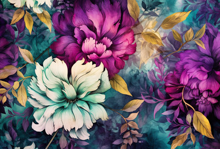 a floral background with purple flowers and green leaves created with Generative AIの素材