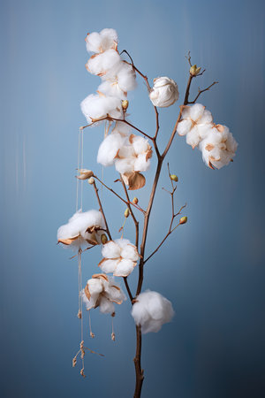 a vase with cotton flowers and a branch created with Generative AIの素材