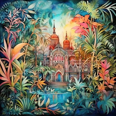 a building surrounded by plants and leaves created with Generative AIの素材