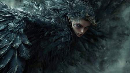 A mesmerizingly terrifying harpy, her features brimming with awe and fear: feathers adorned in dark, mysterious hues, ethereal yet fear-inducing wings, and captivatingly piercing eyes nestled within weathered, crackling skin. The once-majestic talons display signs of wear, and a tattered, regal cloak whispers of forgotten might. This captivating image blends allure with dread, engulfing viewers in the immersive narrative of a game. The vivid depiction is a stunning digital painting, meticulously crafted with exceptional attention to detail.A mesmerizingly terrifying harpy, her features brimming with awe and fear: feathers adorned in dark, mysterious hues, ethereal yet fear-inducing wings, and captivatingly piercing eyes nestled within weathered, crackling skin. The once-majestic talons display signs of wear, and a tattered, regal cloak whispers of forgotten might. This captivating image blends allure with dread, engulfing viewers in the immersive narrative of a game. The vivid depiction is a stunning digital painting, meticulously crafted with exceptional attention to detail. --ar 16:9 --v 6 Job ID: 3fbb9c86-4b5e-4ce0-9f3d-f3eb76f7ce7cの素材
