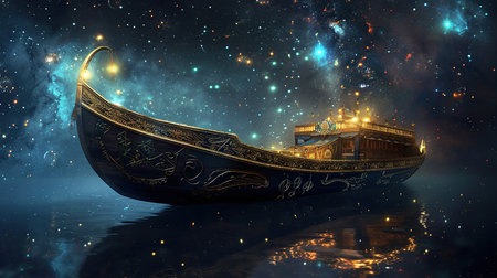 A stygian esoteric starry skiff casts an ethereal presence as it navigates the celestial expanse. This striking image, depicted in a mesmerizing digital artwork, showcases a sleek and mysterious boat-like vessel adorned with intricate symbols and glowing celestial patterns. Its midnight hue is accentuated by the starry backdrop, while its sleek design and elegant curves evoke a sense of otherworldly elegance. The attention to detail is impeccable, with shimmering constellations painted across the vessel's hull and radiant lights emanating from its ornate windows. This enchanting image transports viewers to a realm where cosmic mysteries intertwine with a sense of exquisite beauty.A stygian esoteric starry skiff casts an ethereal presence as it navigates the celestial expanse. This striking image, depicted in a mesmerizing digital artwork, showcases a sleek and mysterious boat-like vessel adorned with intricate symbols and glowing celestial patterns. Its midnight hue is accentuated by the starry backdrop, while its sleek design and elegant curves evoke a sense of otherworldly elegance. The attention to detail is impeccable, with shimmering constellations painted across the vessel's hull and radiant lights emanating from its ornate windows. This enchanting image transports viewers to a realm where cosmic mysteries intertwine with a sense of exquisite beauty. --ar 16:9 --v 6 Job ID: 97bbf9f4-fd5d-42c4-a104-5eb63d21b881の素材