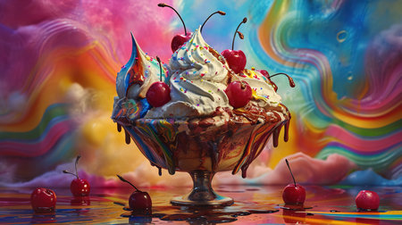 A whimsically surreal holo-deck adventure takes form as a vibrant, larger-than-life ice cream sundae sculpture in a cartoon. The image is a three-dimensional, holographic representation. Every scoop, drizzle, and topping bursts with immaculate detail, revealing its luscious creaminess and tantalizing sweetness. The sculpted cherries shimmer with a glossy realism, while the rainbow sprinkles dance with a tactile vividness. This extraordinary holo-deck experience radiates such lifelike authenticity that one can almost taste the creamy delight oozing from the masterpiece, immersing viewers in a truly scrumptious fantasy realm.A whimsically surreal holo-deck adventure takes form as a vibrant, larger-than-life ice cream sundae sculpture in a cartoon. The image is a three-dimensional, holographic representation. Every scoop, drizzle, and topping bursts with immaculate detail, revealing its luscious creaminess and tantalizing sweetness. The sculpted cherries shimmer with a glossy realism, while the rainbow sprinkles dance with a tactile vividness. This extraordinary holo-deck experience radiates such lifelike authenticity that one can almost taste the creamy delight oozing from the masterpiece, immersing viewers in a truly scrumptious fantasy realm. --ar 16:9 --v 6 Job ID: bf49dda5-b51b-4bd3-a3bc-db19b4c1bdc8の素材