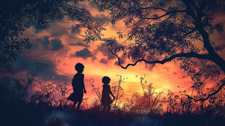 silhouette of a man and woman in the forestの素材