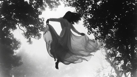 silhouette of woman ghost flying with long hair posing outdoors in the parkの素材