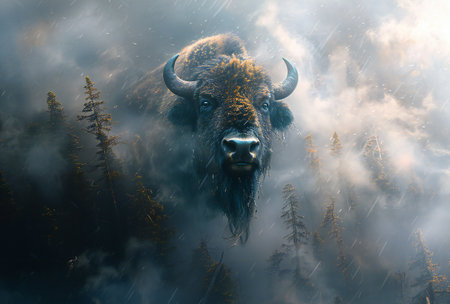 3 d rendered illustration of a bull in the forestの素材