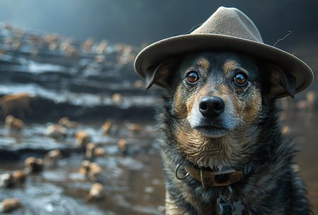 portrait of cute dog with hat in the forestの素材