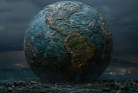 earth planet with a globe and a broken glassの素材