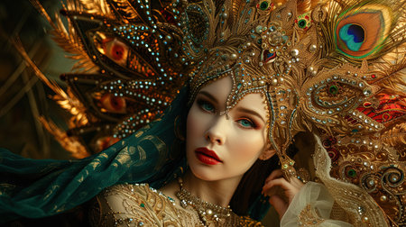 beautiful young woman with bright makeup, hair, and golden jewelryの素材