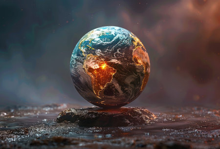 globe with earth on wooden floor, global warmingの素材