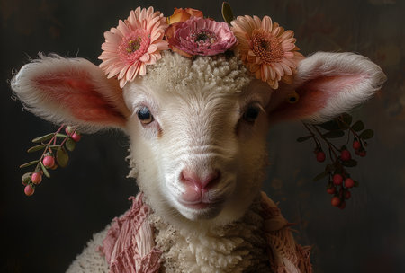 sheep on a flower wreath, floral backgroundの素材