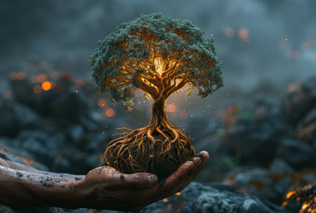 close up of young woman holding hands with soilの素材