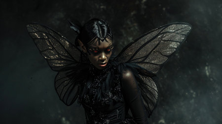 beautiful black woman with a blue eyes and a black wingsの素材