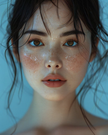 beautiful asian girl with a blue eyes and a white shirtの素材