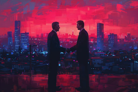 two people shaking hands with a glowing light in a dark night cityの素材