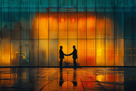 two people shaking hands with a glowing light in a dark night cityの素材