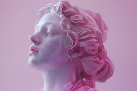 young woman with purple eyes and pink makeup in neon lightの素材