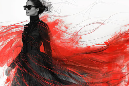 fashion model wearing black sunglasses and red dressの素材