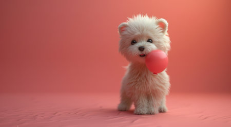 cute 3 d illustration of a white bear with a red bow and a heart balloon on a pink background.の素材