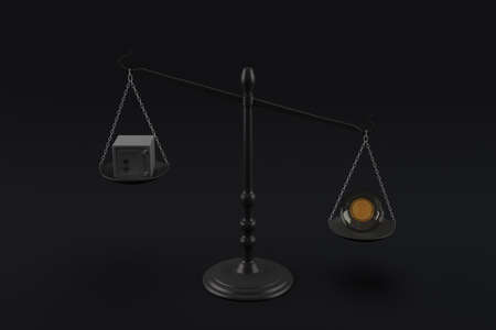 Bitcoin symbol in a bubble and safety deposit box on scales. Bitcoin price volatility concept image....